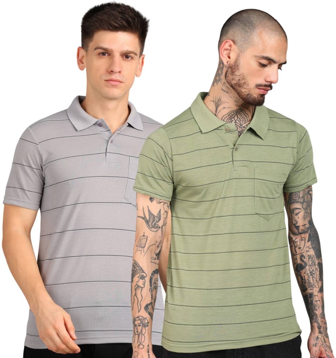 INKKR Pack of 2 Men Striped Polo Neck Cotton Blend Multicolor T-S
