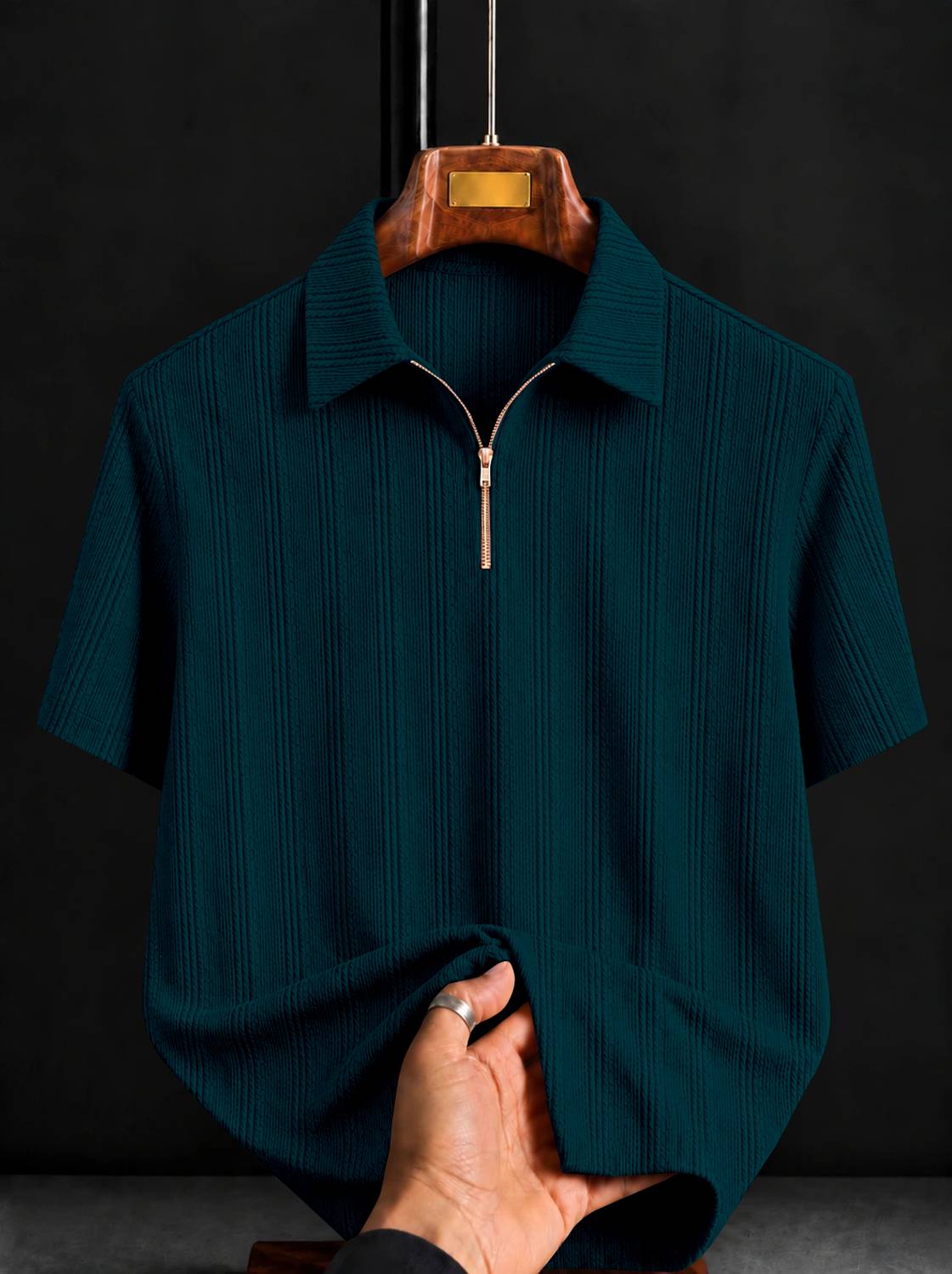 KAJARU Self Design Men Zip Neck Dark Green T-Shirt