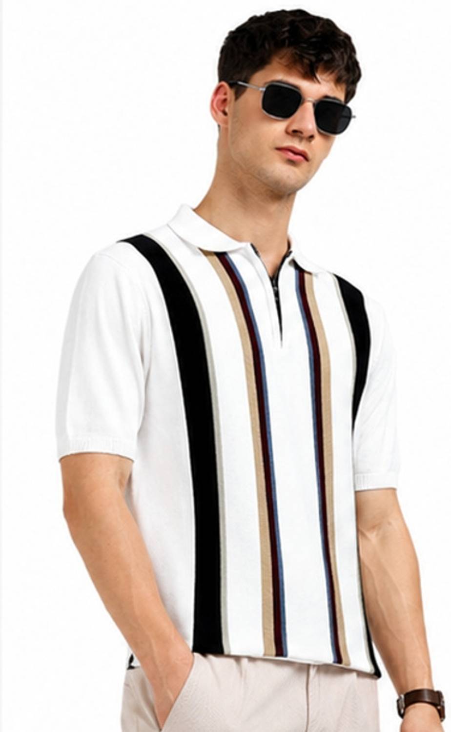 MOHICANS Multicolor Striped Polo Neck T-Shirt - Image 3