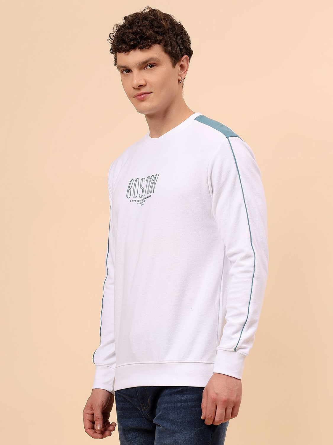 Image of CANTABIL Men Printed Round Neck Polycotton White T-Shirt