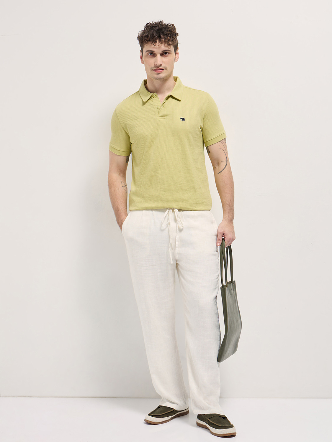 Image of THE BEAR HOUSE Solid Men Polo Neck Yellow T-Shirt