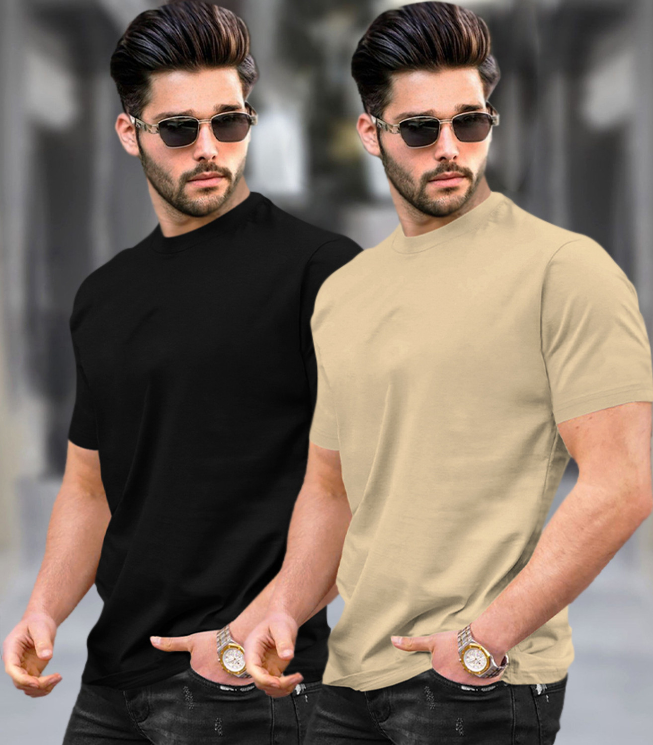 Image of TRIPR Solid Men Round Neck Black, Beige T-Shirt