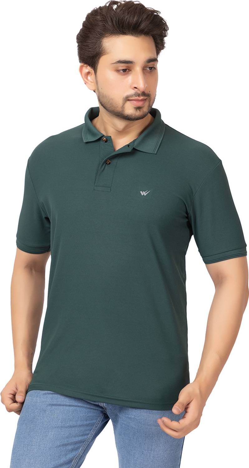 Wild Cops Men Solid Polo Neck Polyester Dark Green T-Shirt