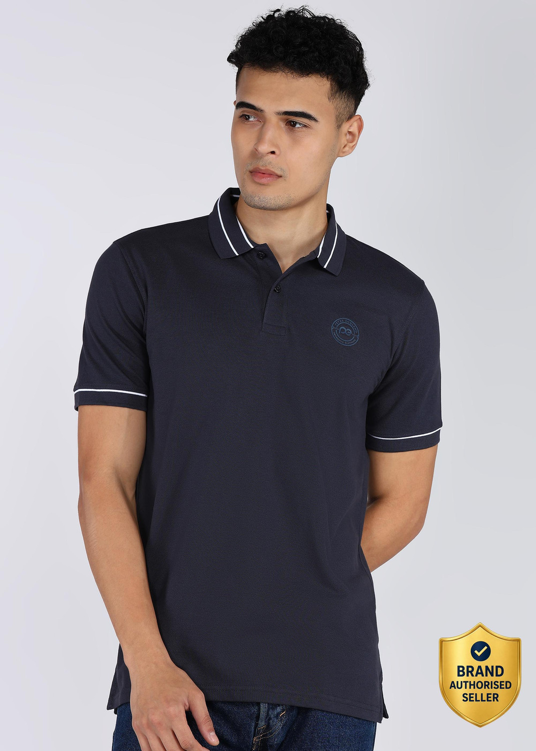 Image of PETER ENGLAND Solid Men Polo Neck Black T-Shirt