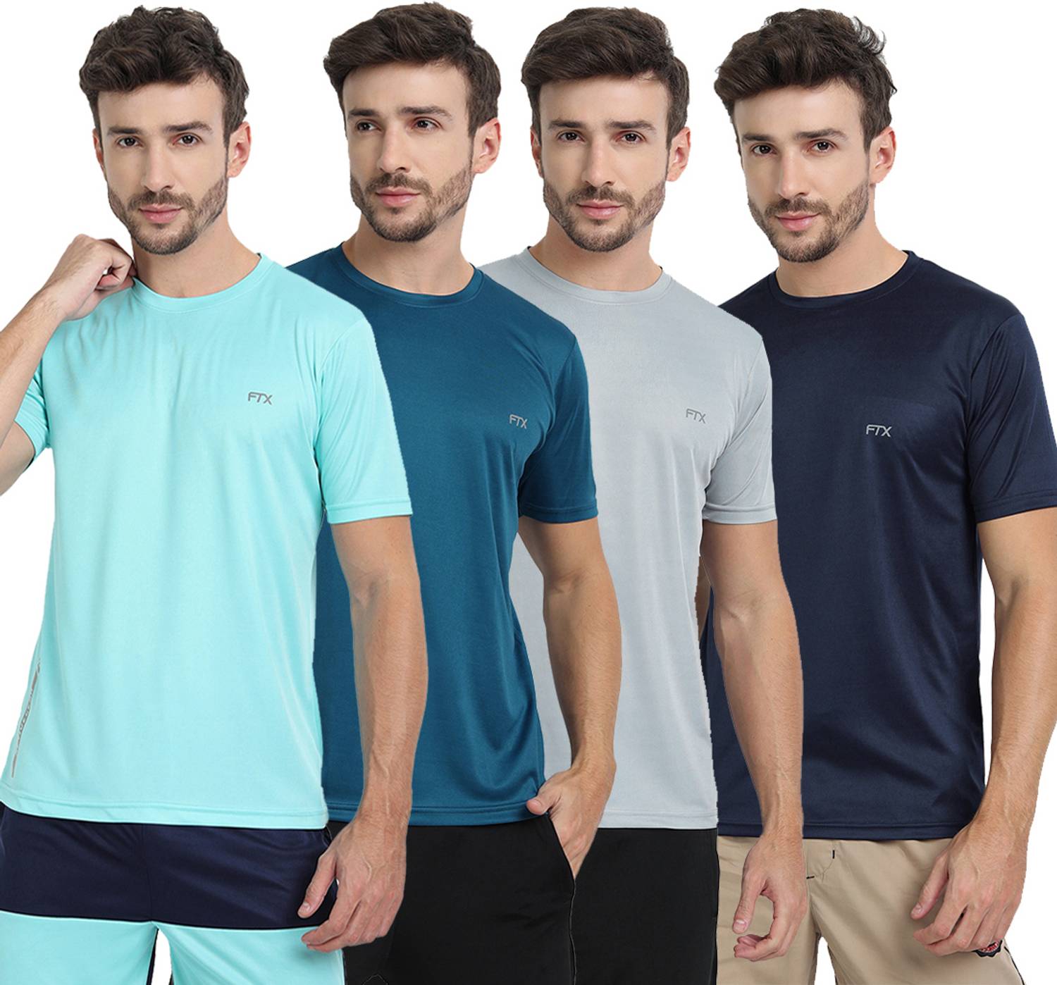 FTX Pack of 4 Men Solid Round Neck Polyester Multicolor T-Shirt