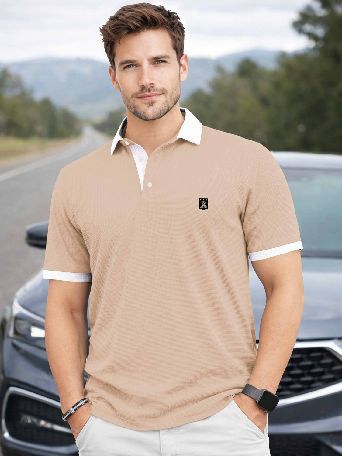 Image of VeBNoR Printed Men Polo Neck Beige T-Shirt