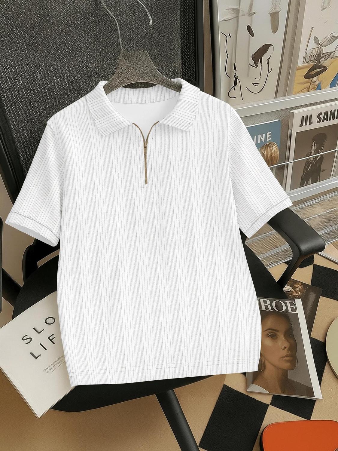 Image of BROWEARS Striped Men Polo Neck White T-Shirt