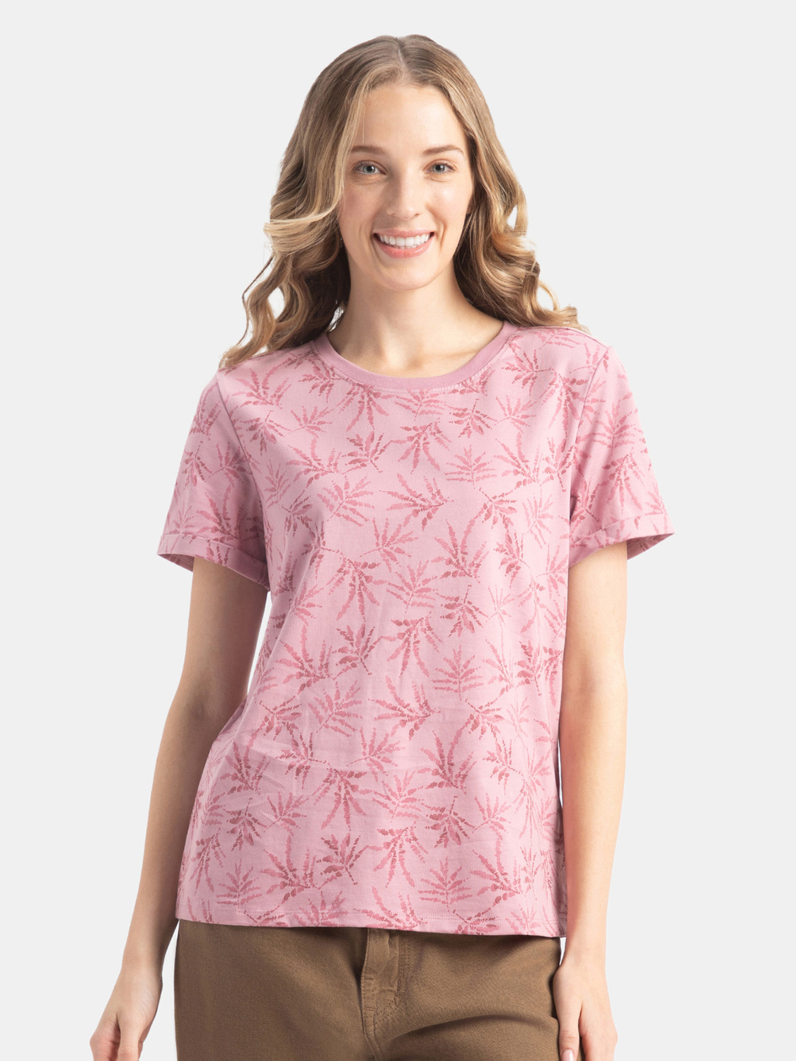 Image of JOCKEY Printed Women Round Neck Pink T-Shirt