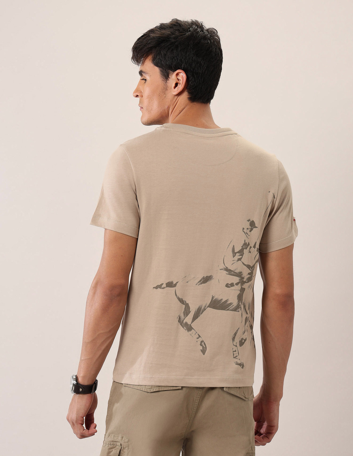 Image of U.S. Polo Assn. Denim Co. Men Printed Crew Neck Pure Cotton Beige T-Shirt