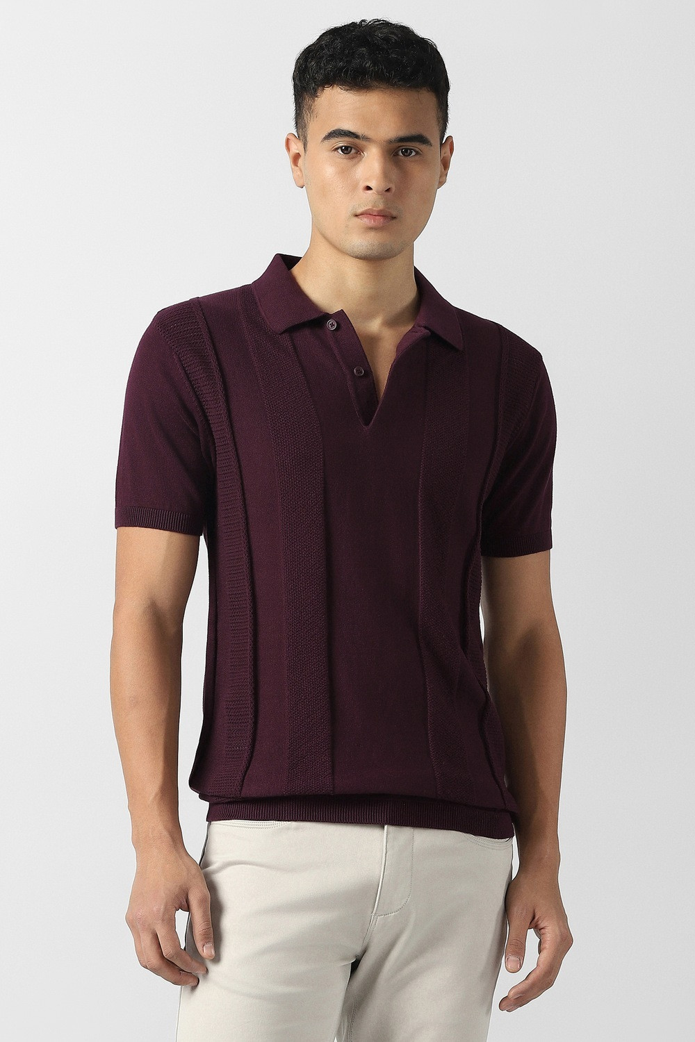 Image of VAN HEUSEN Self Design Men Polo Neck Maroon T-Shirt