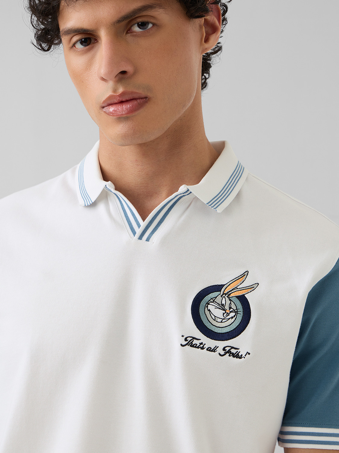 Image of The Souled Store Embroidered Men Polo Neck White T-Shirt