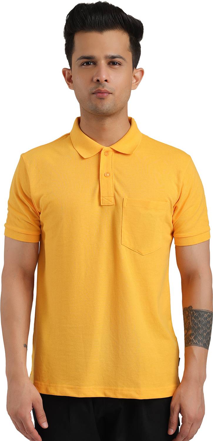 Bumchums Solid Men Polo Neck Yellow T-Shirt