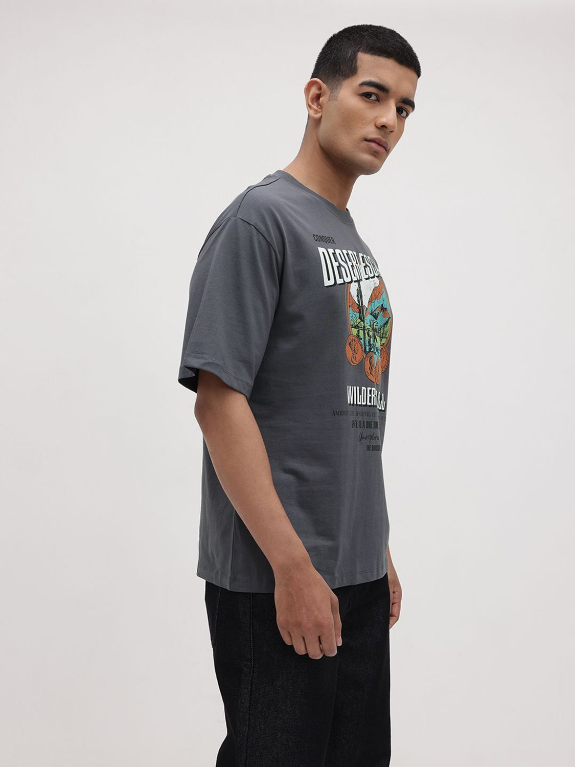 Image of Roadster Printed Men Round Neck Black T-Shirt