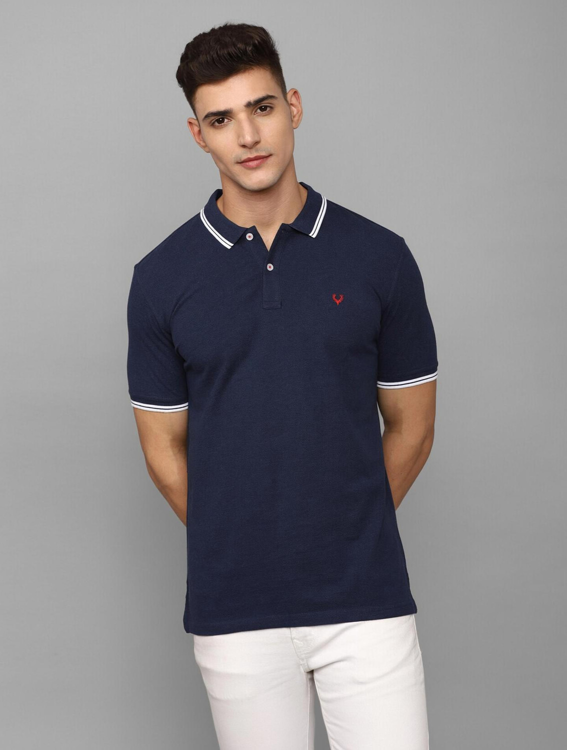 Image of Allen Solly Solid Men Polo Neck Dark Blue T-Shirt
