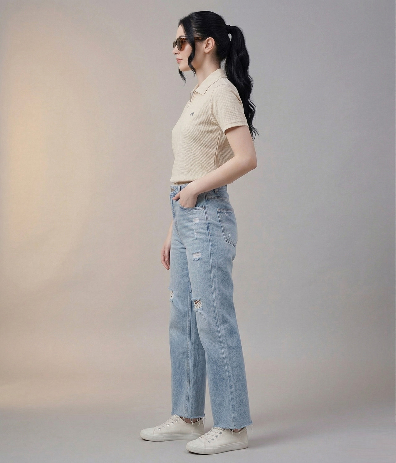 Image of WOOLBERRY Solid Women Polo Neck Beige T-Shirt