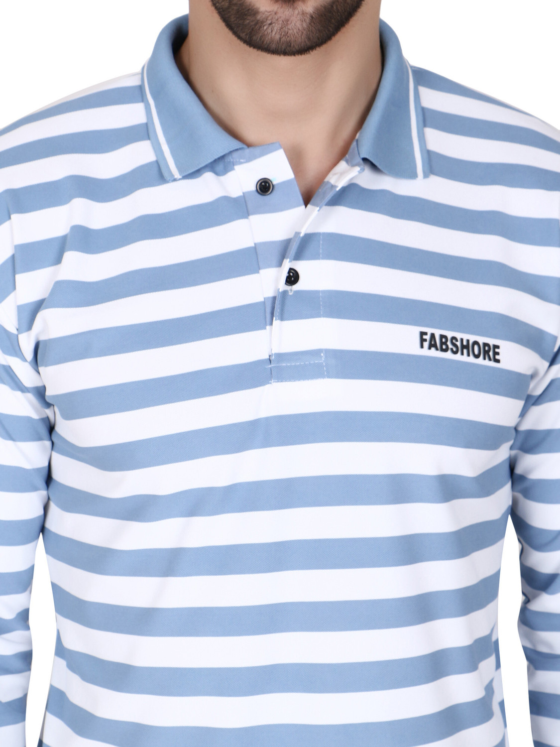 Image of FABSHORE Striped Men Round Neck White, Blue T-Shirt