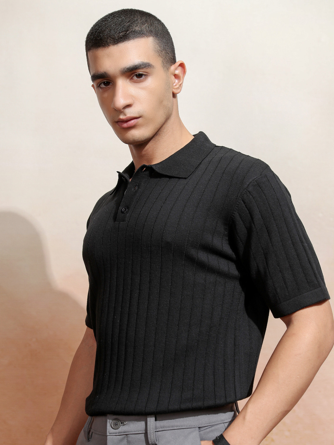 Image of HIGHLANDER Striped Men Polo Neck Black T-Shirt