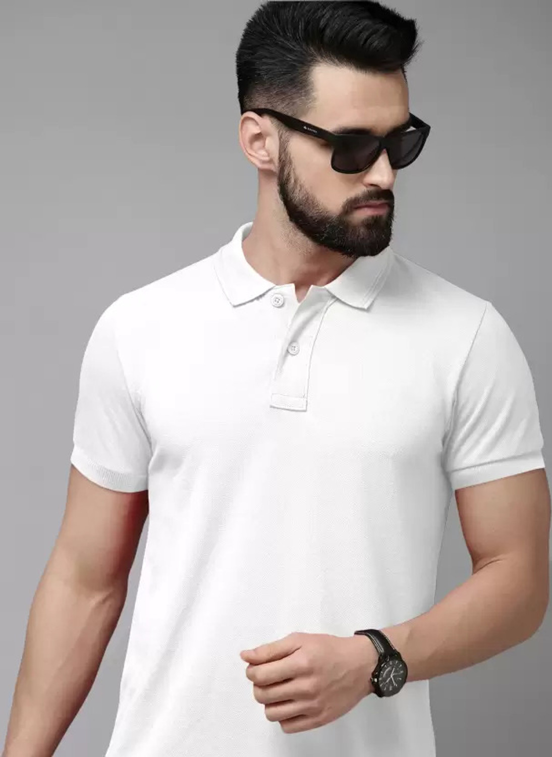 Image of iDOLESHOP Solid Men Polo Neck White T-Shirt