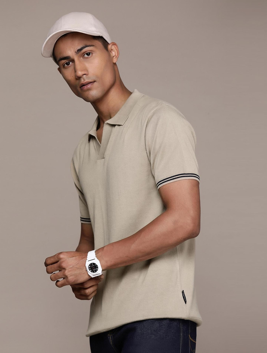 Image of Roadster Solid Men Polo Neck Beige T-Shirt