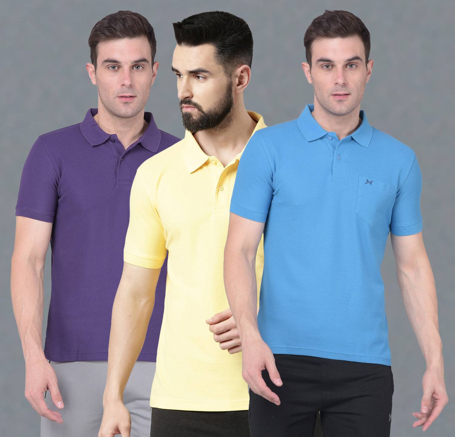 Force NXT Pack of 3 Men Solid Polo Neck Pure Cotton Purple, Blue,