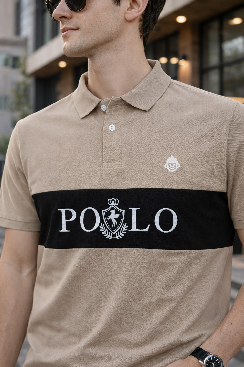Image of KHAHURIYO Colorblock Men Polo Neck Beige T-Shirt