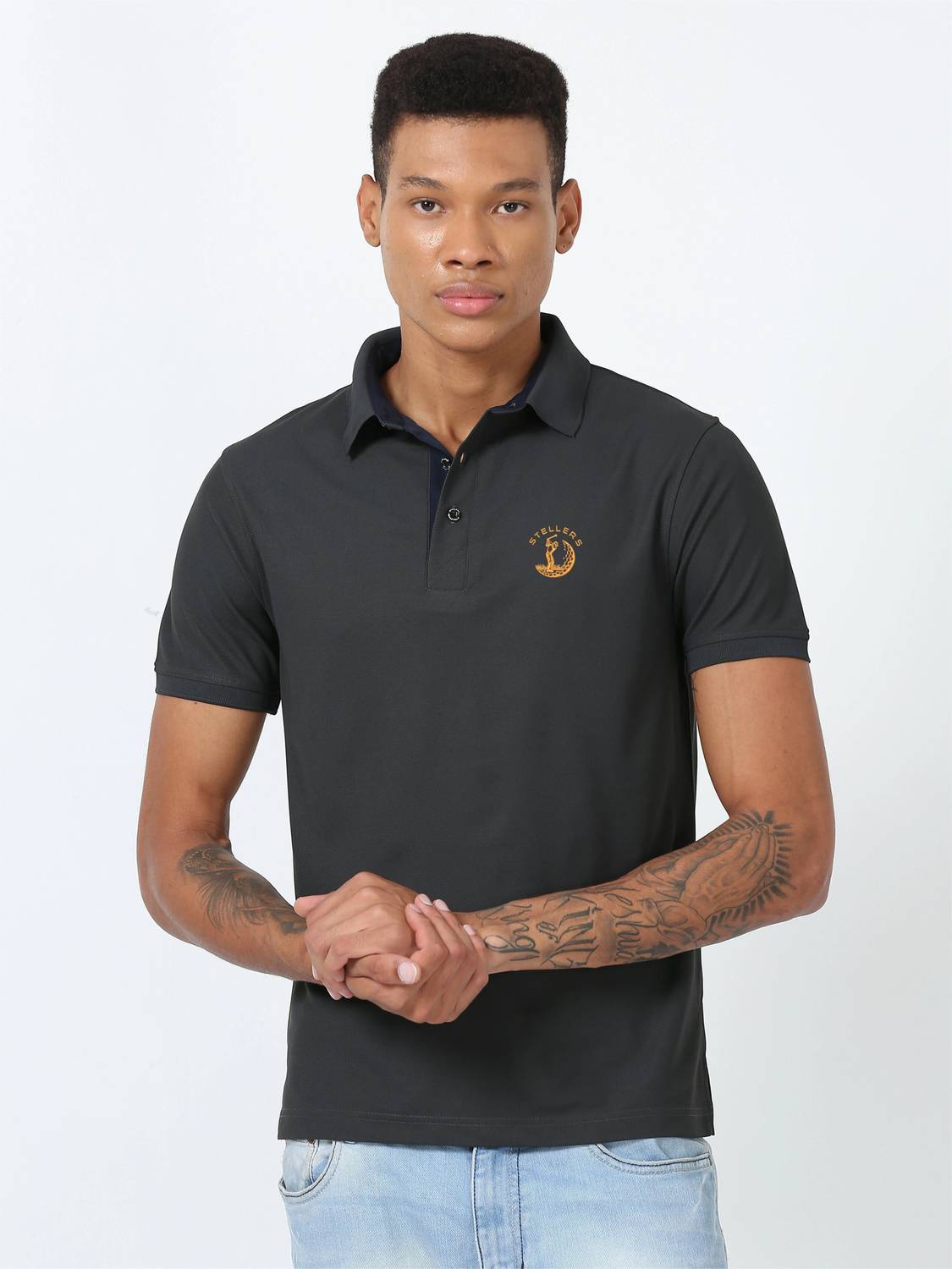 Stellers Men Solid Polo Neck Polyester Grey T-Shirt