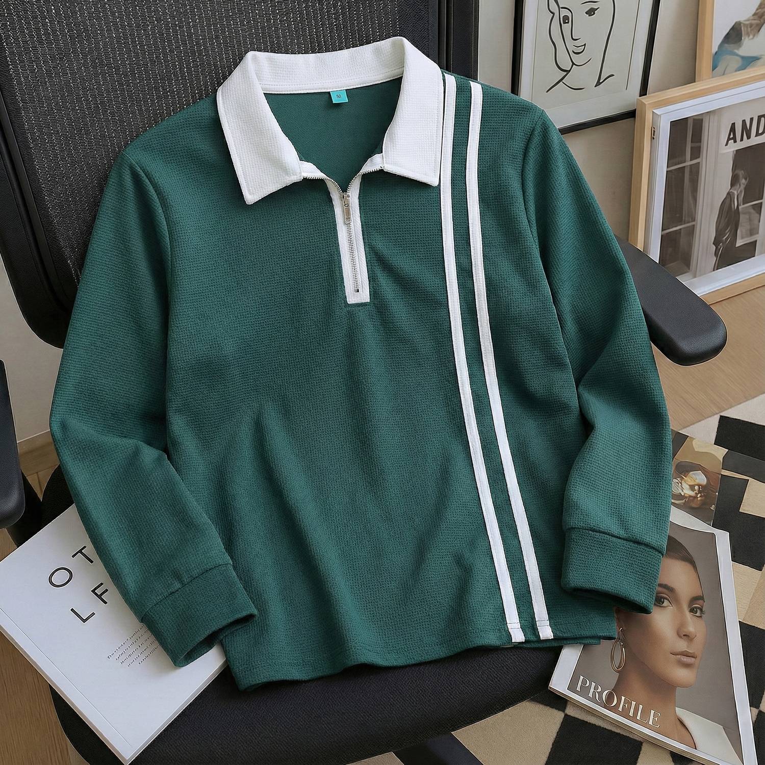 Try This Men Striped, Self Design Zip Neck Cotton Blend Green, Wh