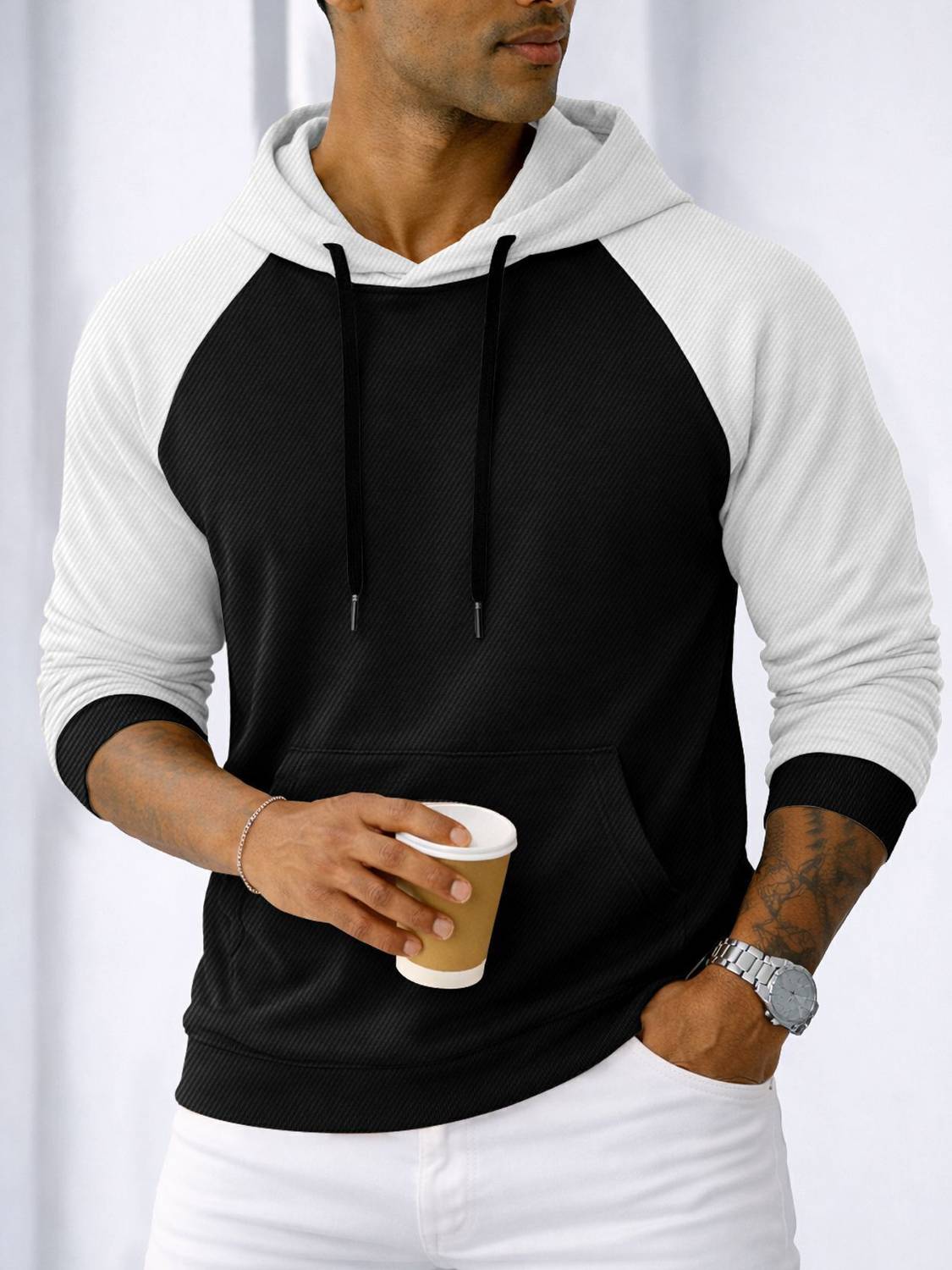 EyeBogler Men Colorblock Hooded Neck Cotton Blend Black, White T-