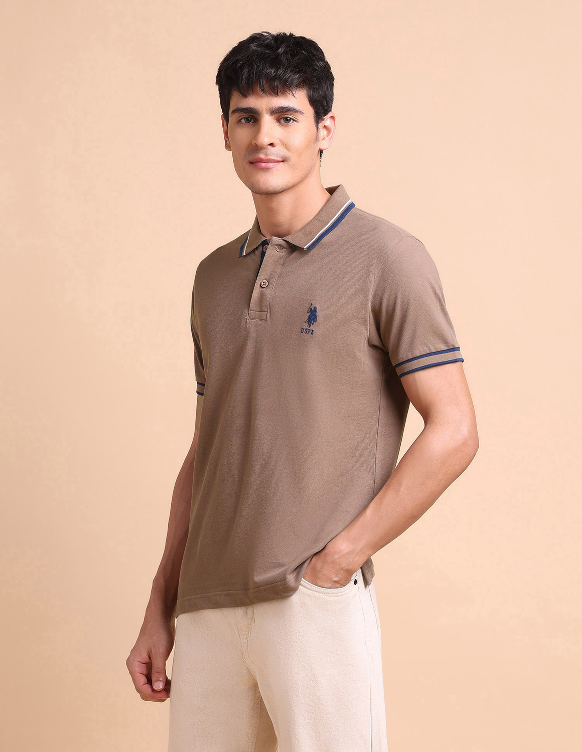Image of U.S. POLO ASSN. Solid Men Polo Neck Brown T-Shirt