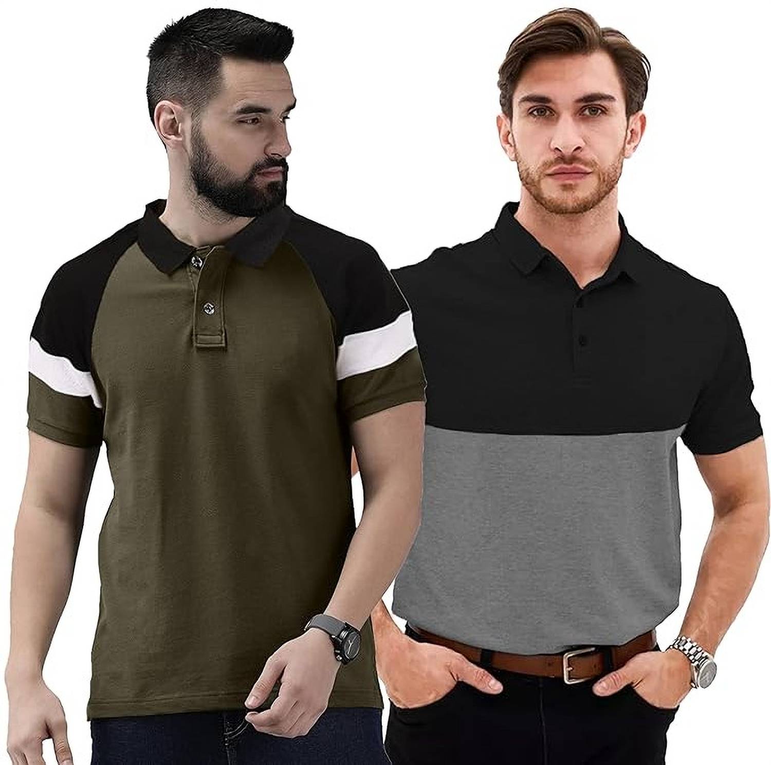 Leotude Men Colorblock Polo Neck Cotton Blend Multicolor T-Shirt