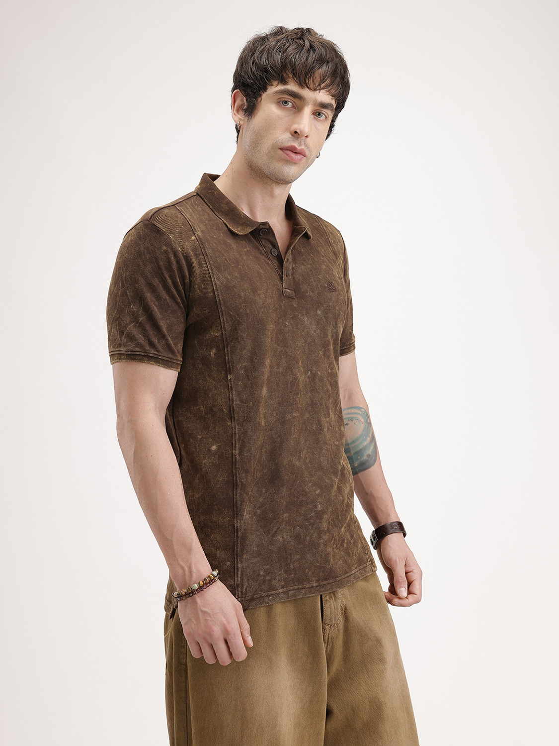 Image of WROGN Washed Men Polo Neck Brown T-Shirt