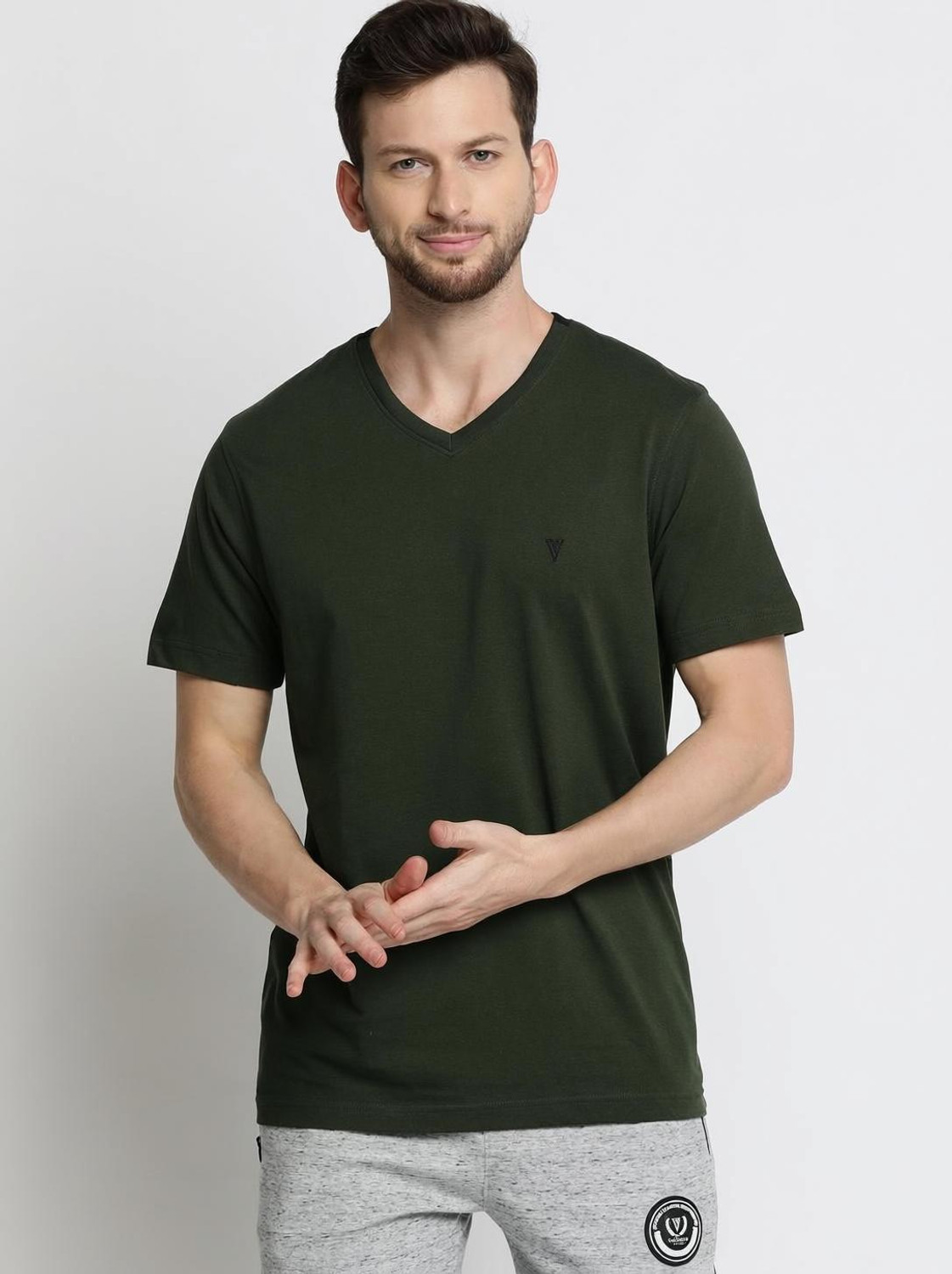 Image of VAN HEUSEN Solid Men V Neck Dark Green T-Shirt