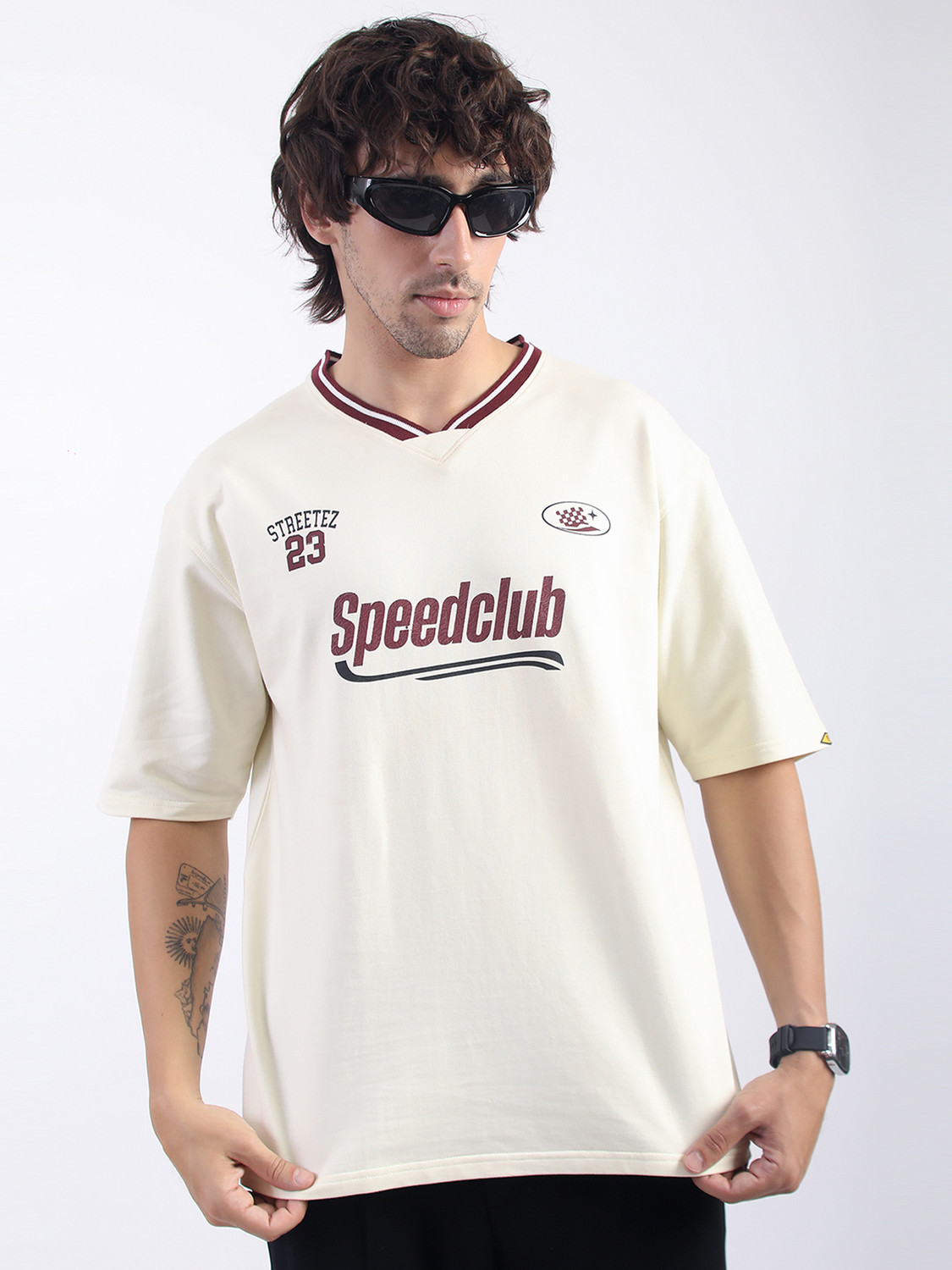 MANIAC Printed Men V Neck White T-Shirt