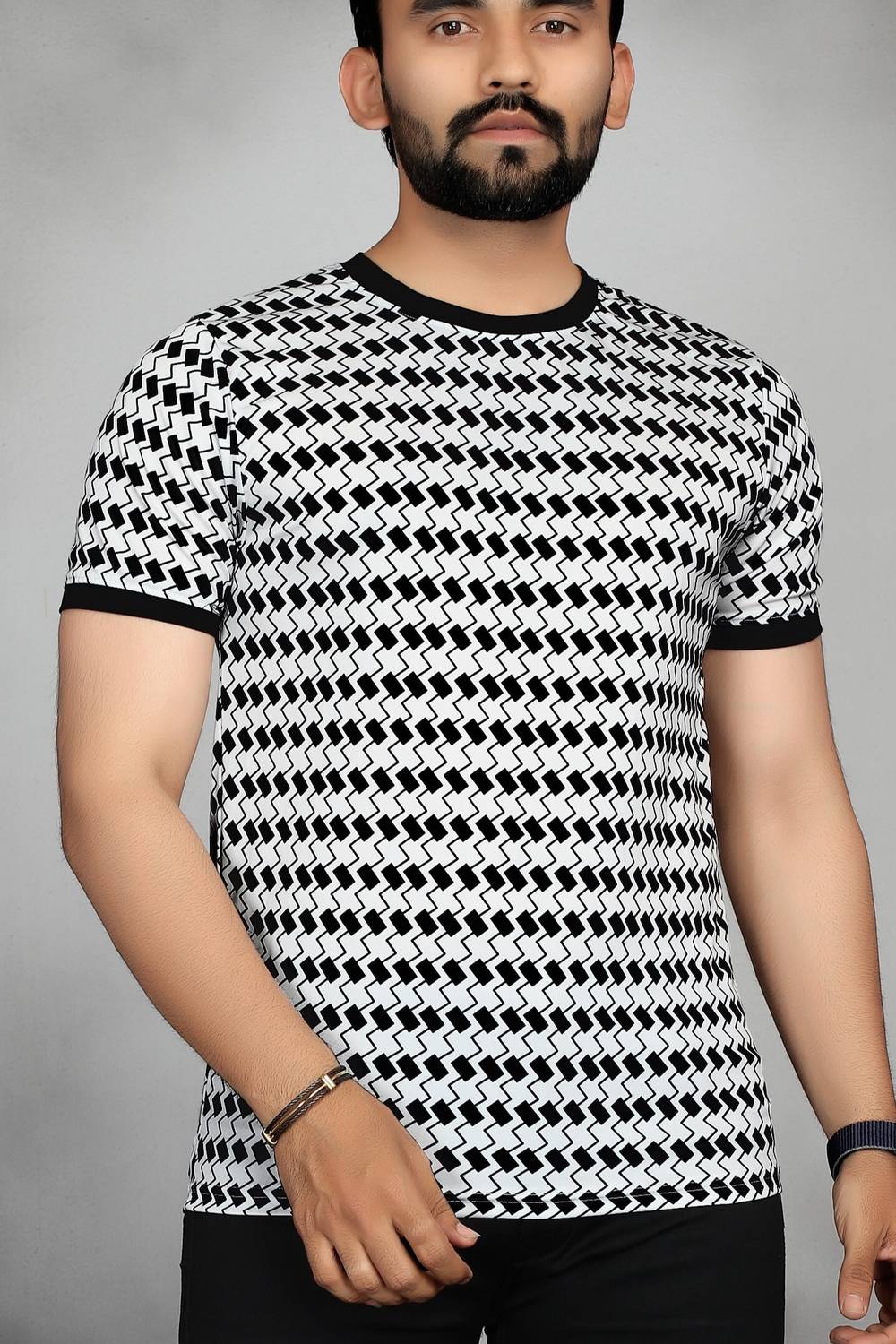 sti Men Printed Round Neck Polyester Black, White T-Shirt