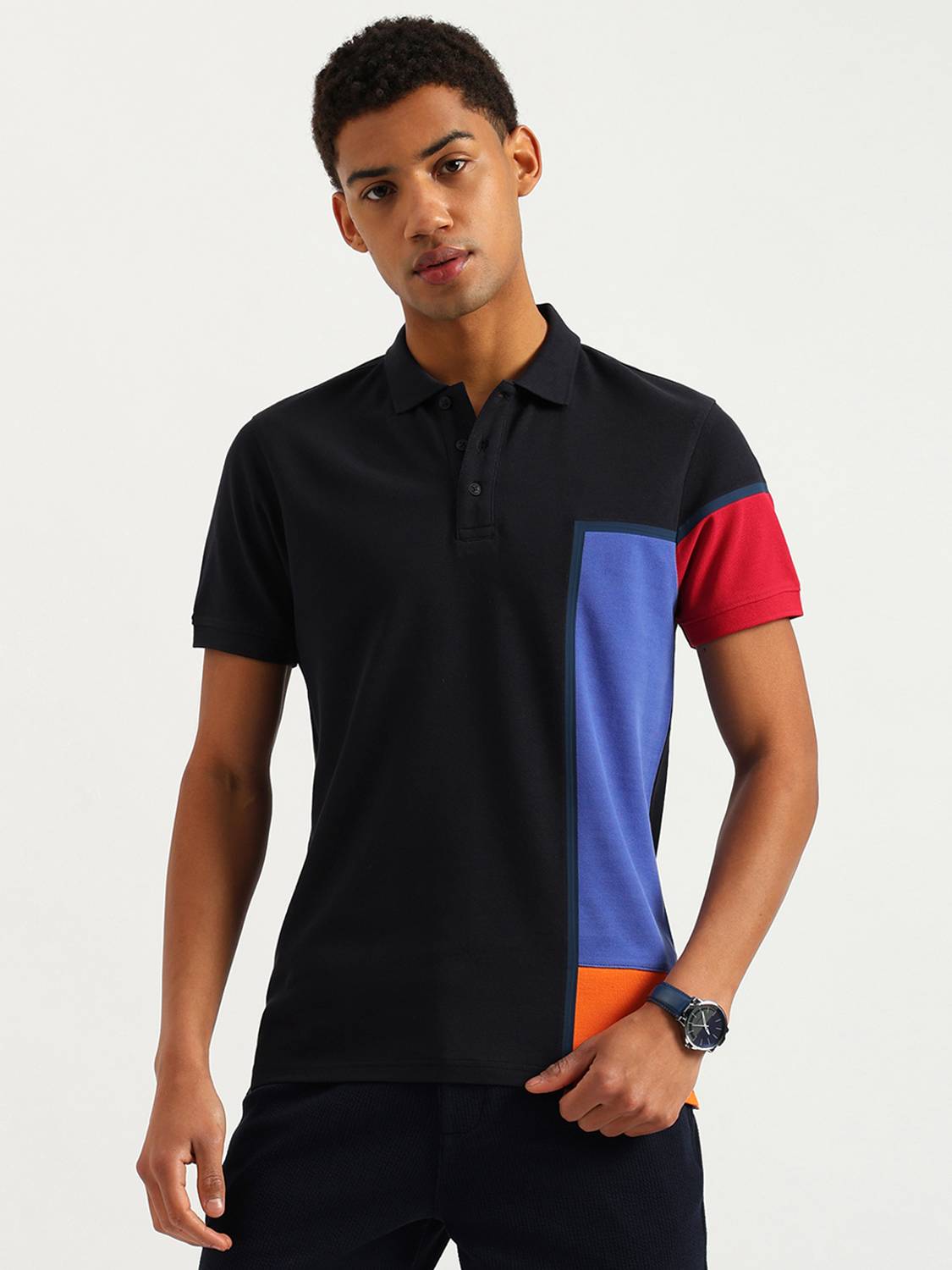 United Colors of Benetton Men Colorblock Polo Neck Pure Cotton Bl