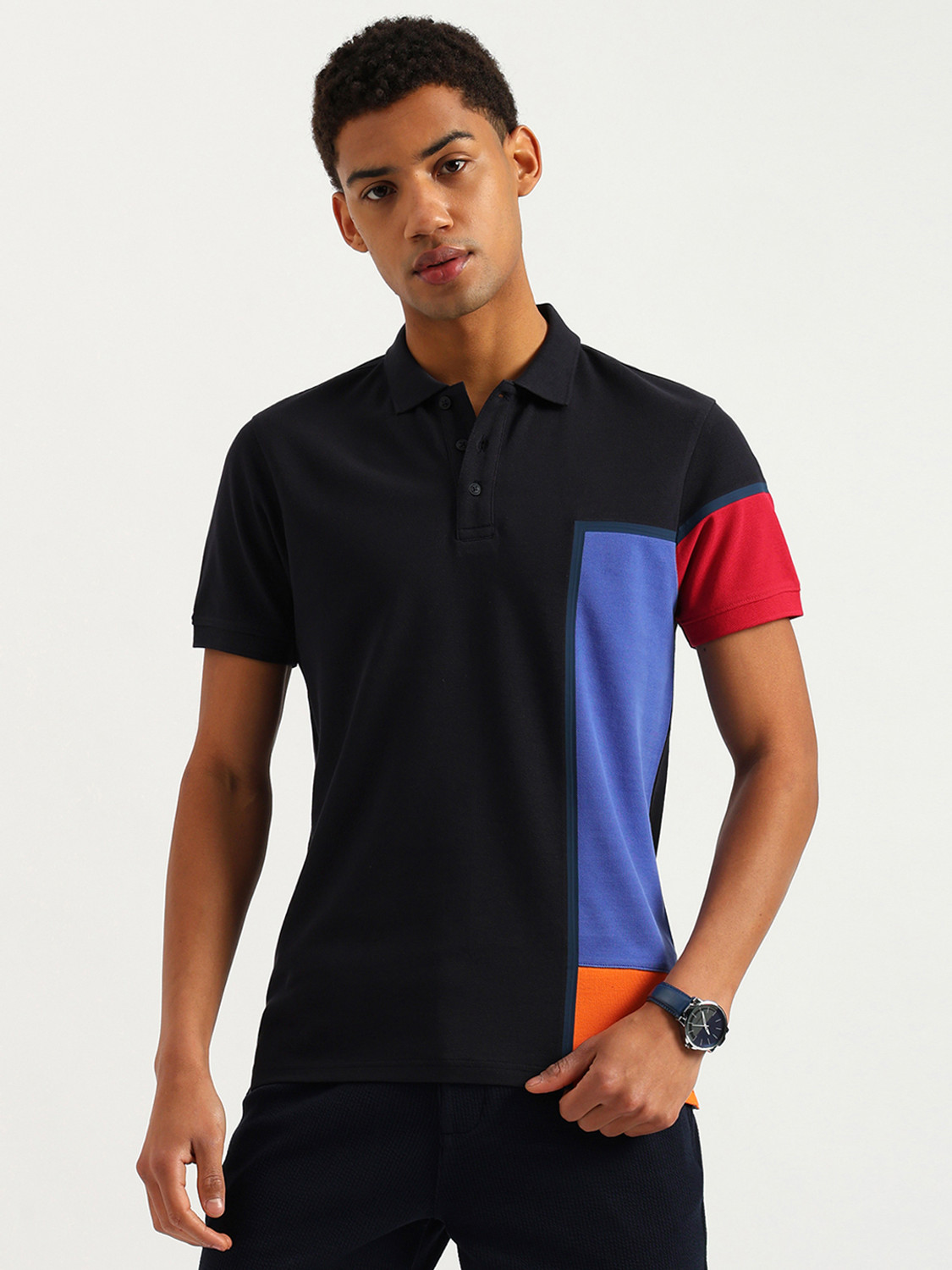 Image of United Colors of Benetton Colorblock Men Polo Neck Blue T-Shirt