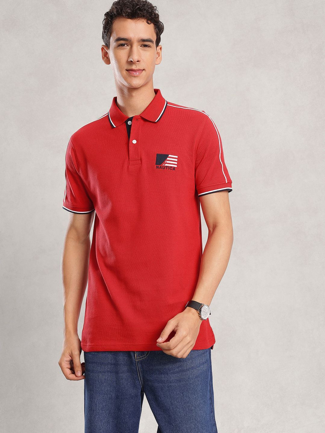Image of NAUTICA Striped Men Polo Neck Red T-Shirt