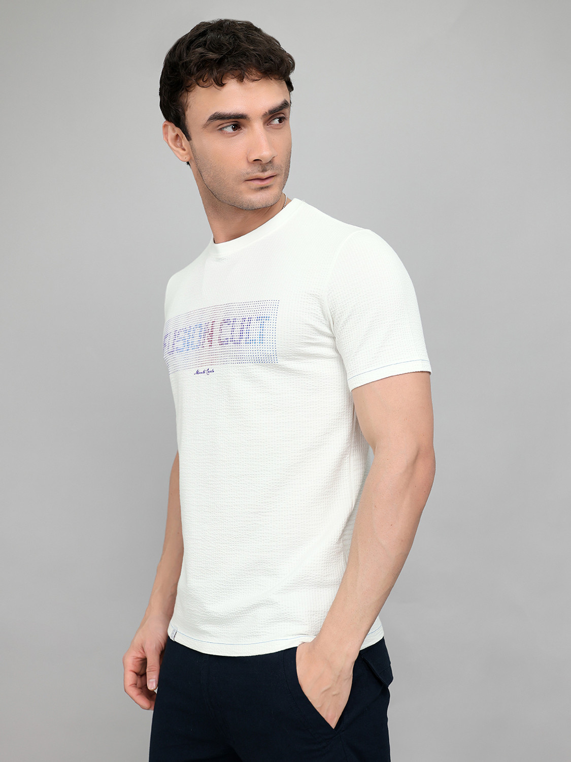 Image of MONTE CARLO Printed Men Round Neck White T-Shirt