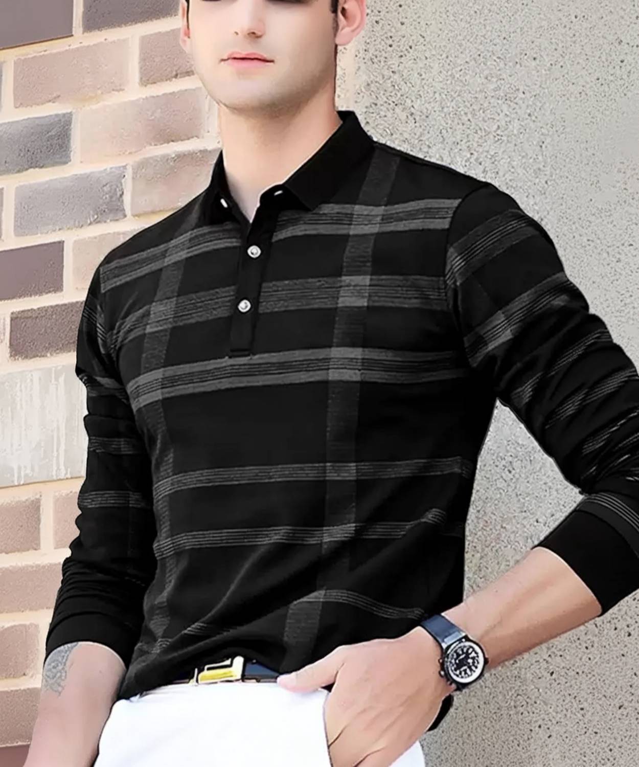 FASHIUM Checkered Men Polo Neck Black T-Shirt