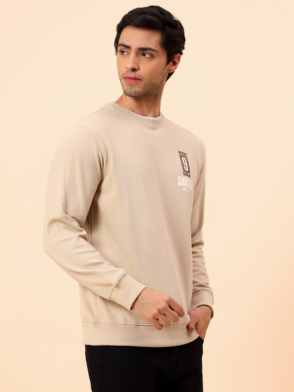Image of CANTABIL Printed Men Round Neck Beige T-Shirt