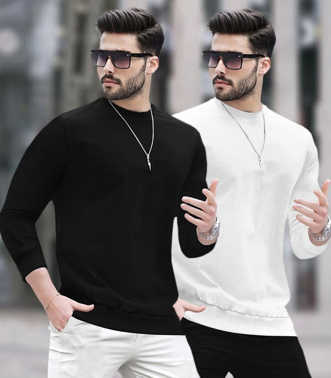 Image of BLIVE Solid Men Round Neck Black, White T-Shirt