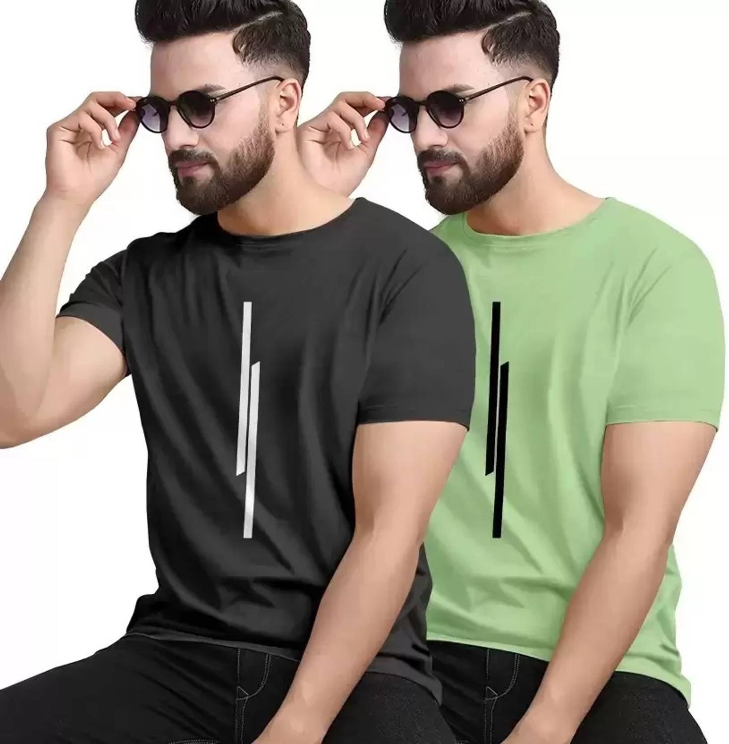 REVIZO Pack of 2 Men Printed Round Neck Polyester Black, Light Gr