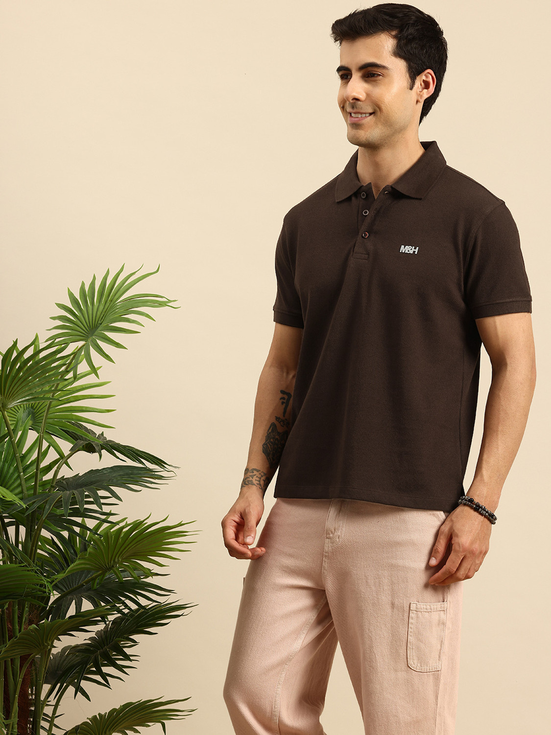 Image of Mast & Harbour Solid Men Polo Neck Brown T-Shirt