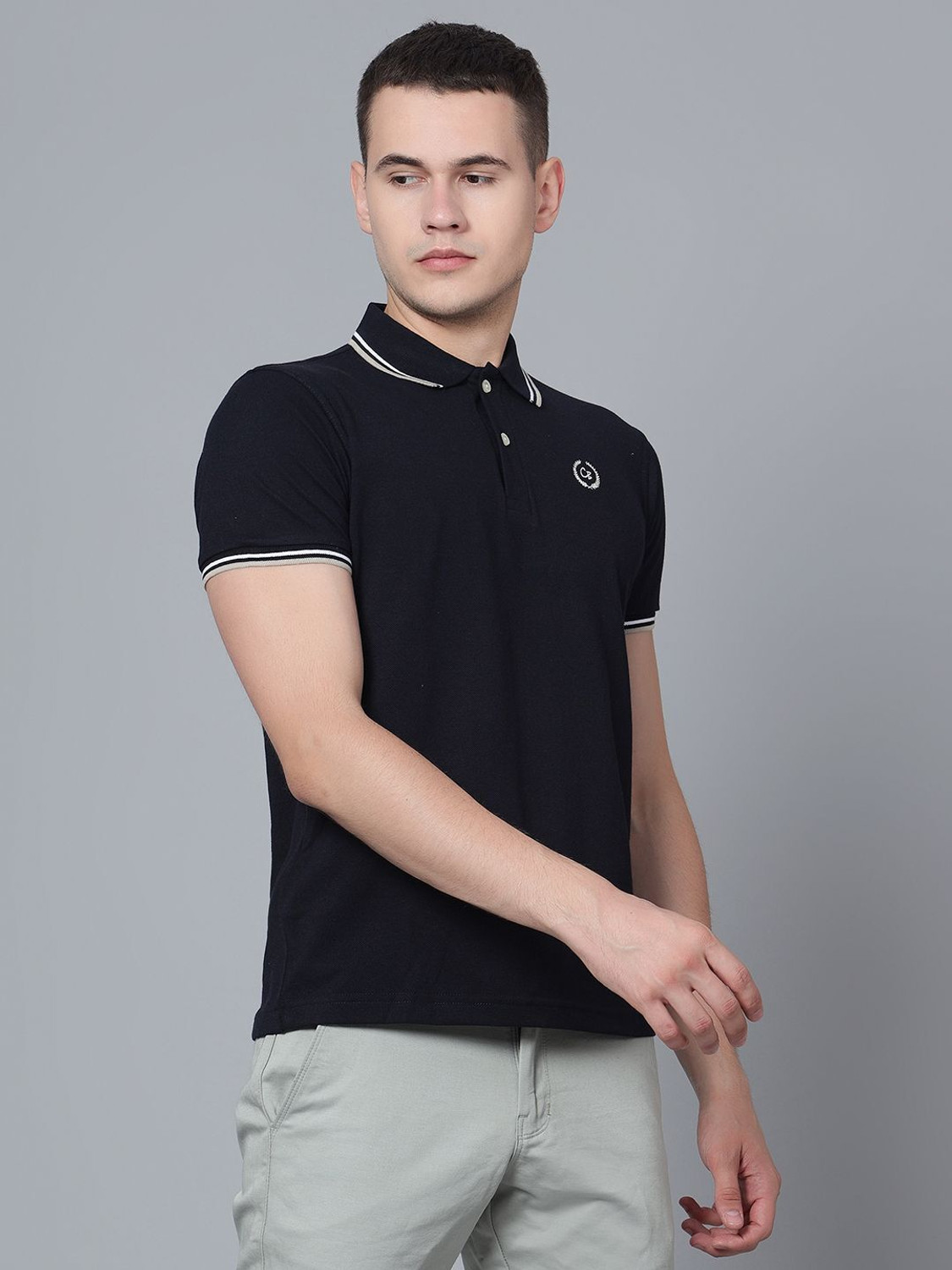 Image of CANTABIL Solid Men Polo Neck Navy Blue T-Shirt
