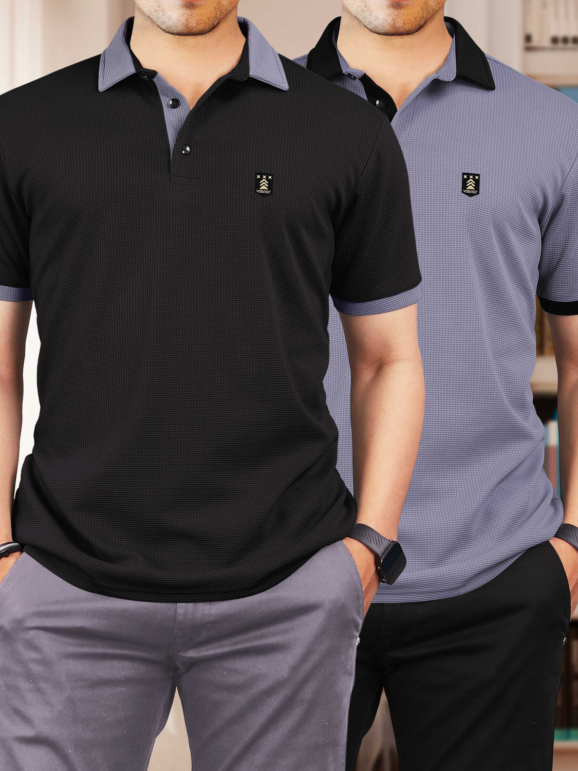 Image of VeBNoR Colorblock Men Polo Neck Black, Grey T-Shirt