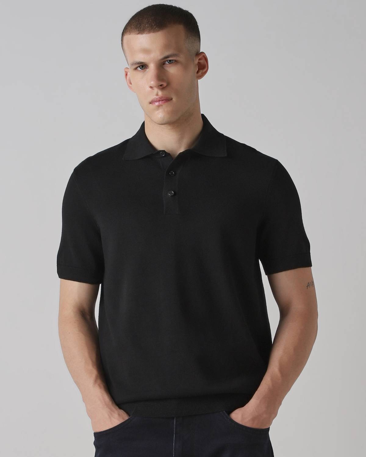 MUFTI Self Design Men Polo Neck Black T-Shirt