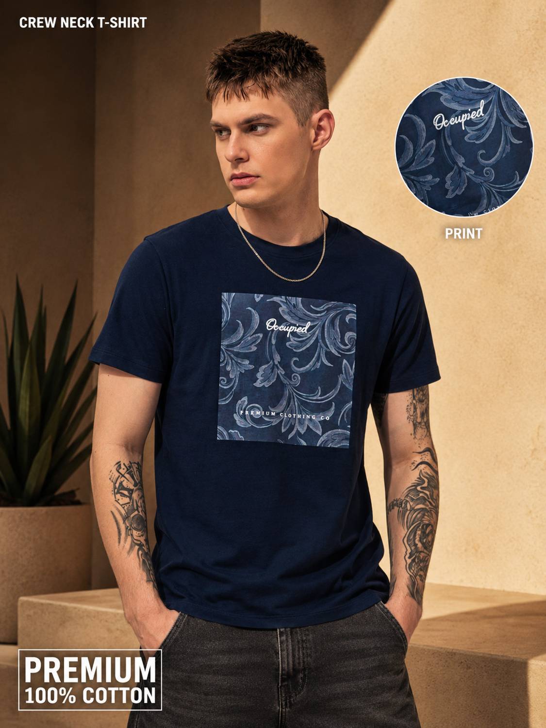 Occupied Clothing Co. Men Printed Crew Neck Pure Cotton Navy Blue