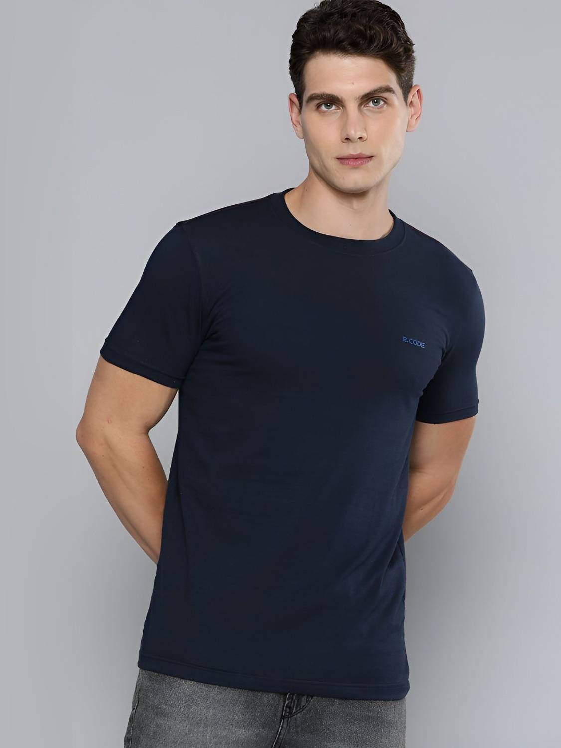R.Code by The Roadster Life Co. Men Solid Round Neck Cotton Blend