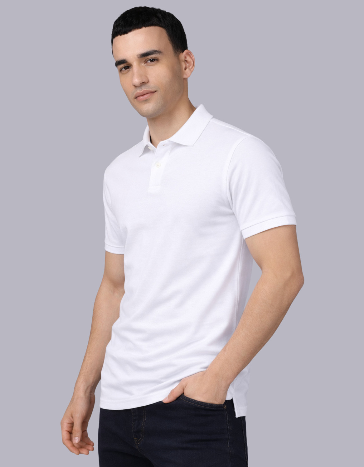 Image of DIBBY Men Solid Polo Neck Cotton Blend White T-Shirt