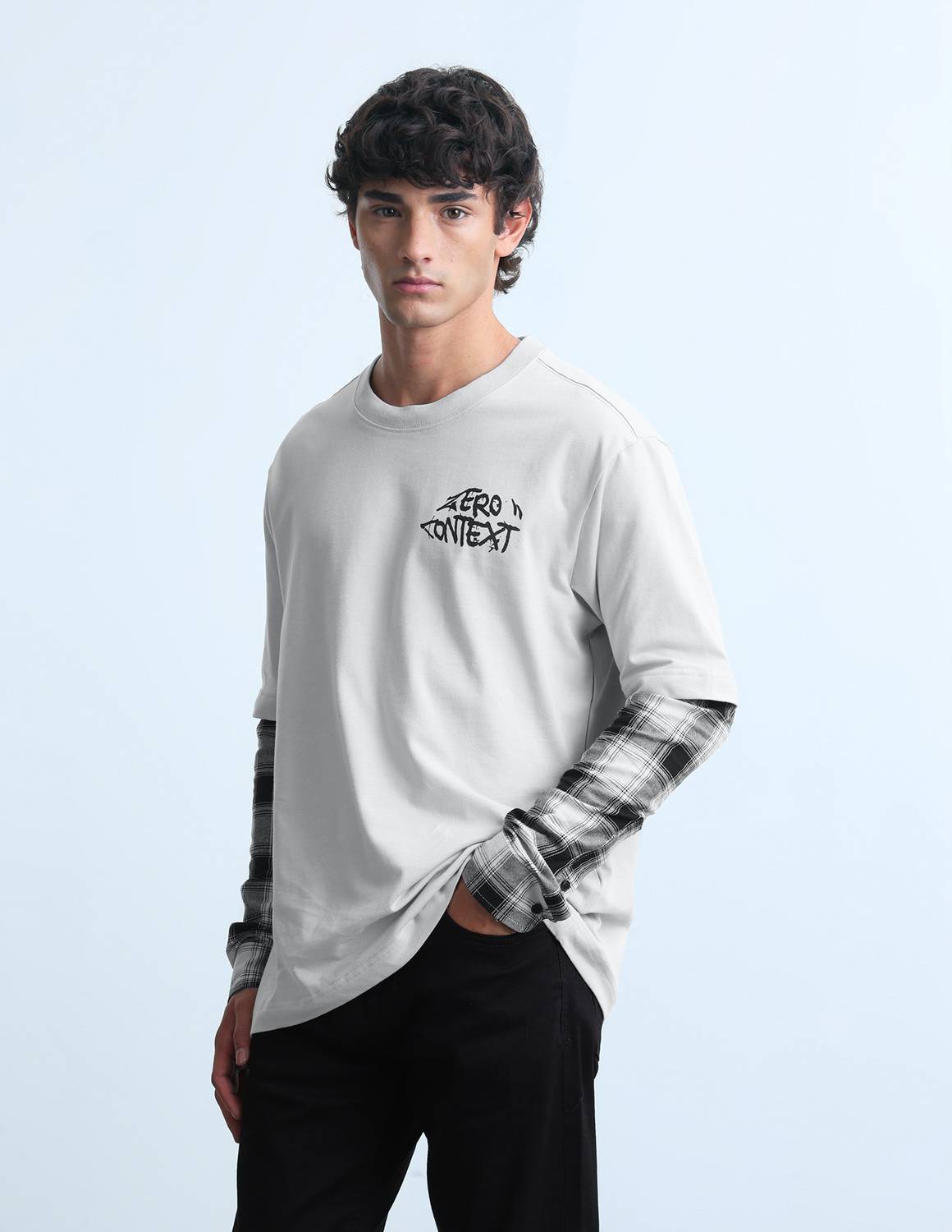 FLYING MACHINE Checkered Men Grey Crew Neck T-Shirt - Image 2